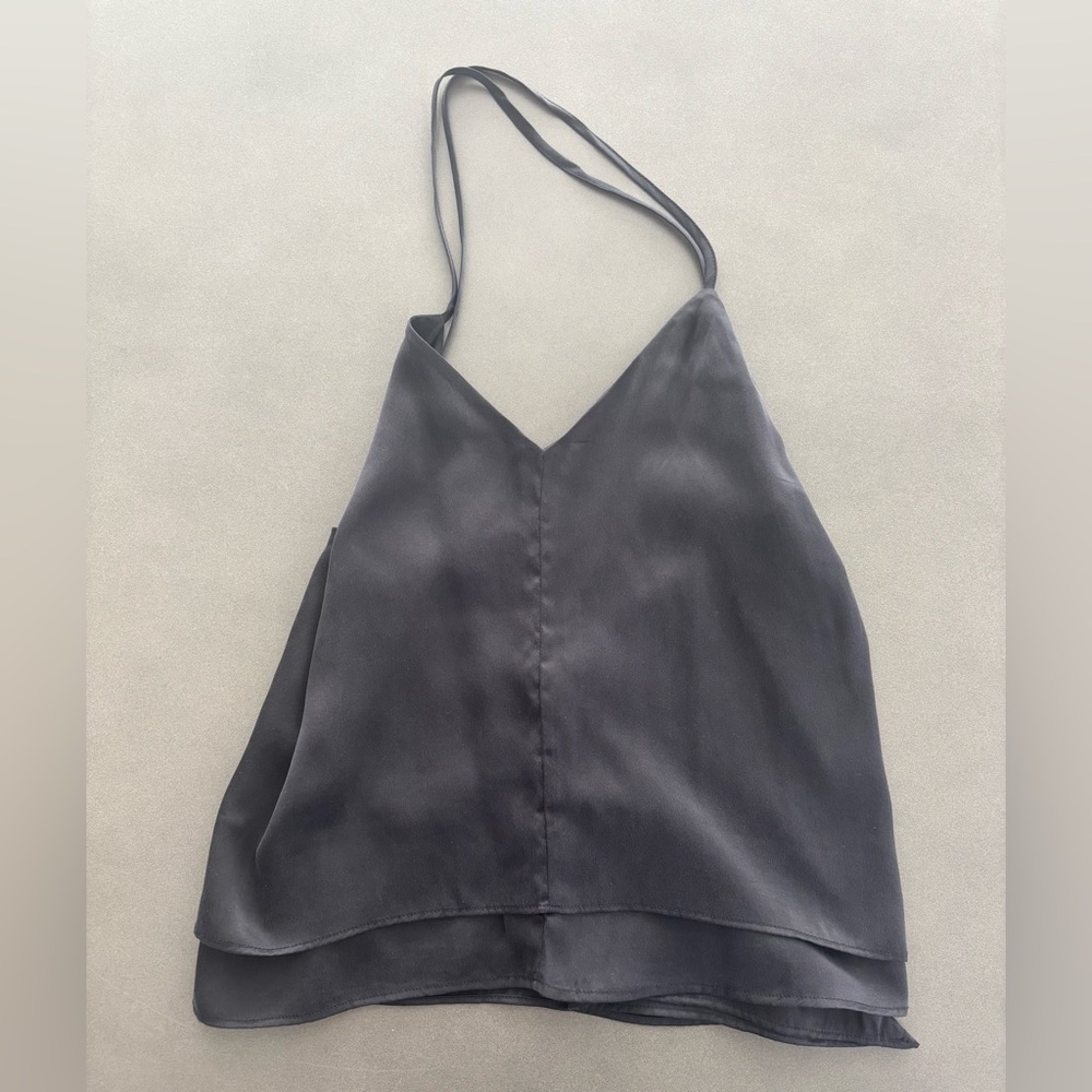 Black Satin Halter Cami Top Draped V-Neck Layered XS